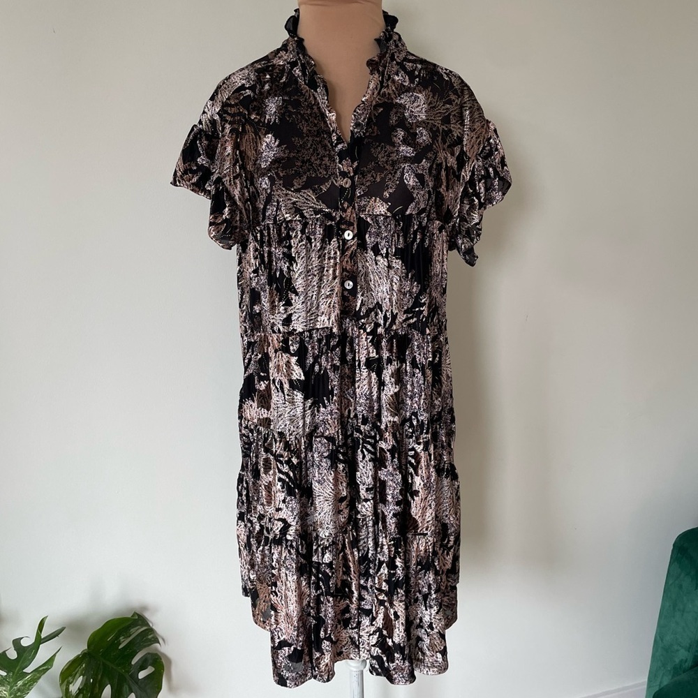 Muche et Muchette Velvet Leaf Short Sleeve Black Constance Babydoll Dress Sz OS
